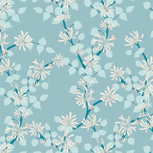 A very light teal fabric featuring winding branches with leaves and white jasmine blossoms.