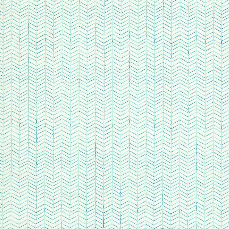 A white fabric featuring a geometric chevron pattern in aqua.