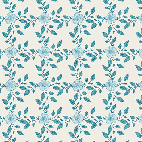 Soft ivory fabric featuring a repeating pattern of light blue hibiscus flowers and teal leaves with stems.