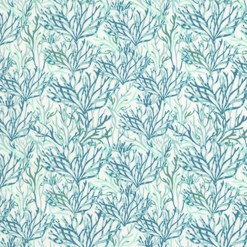 Off white fabric featuring a packed pattern of seaweed in tones of aqua and teal.