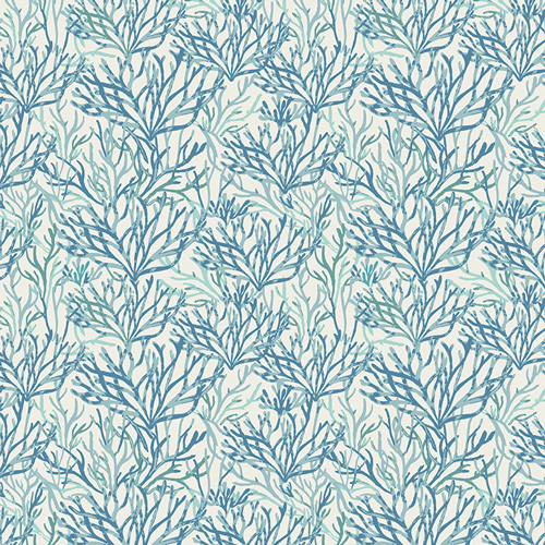 Off white fabric featuring a packed pattern of seaweed in tones of aqua and teal.