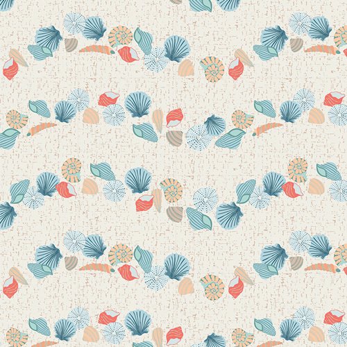 An ivory fabric with blush speckling and a print of wavy rows of seashells.
