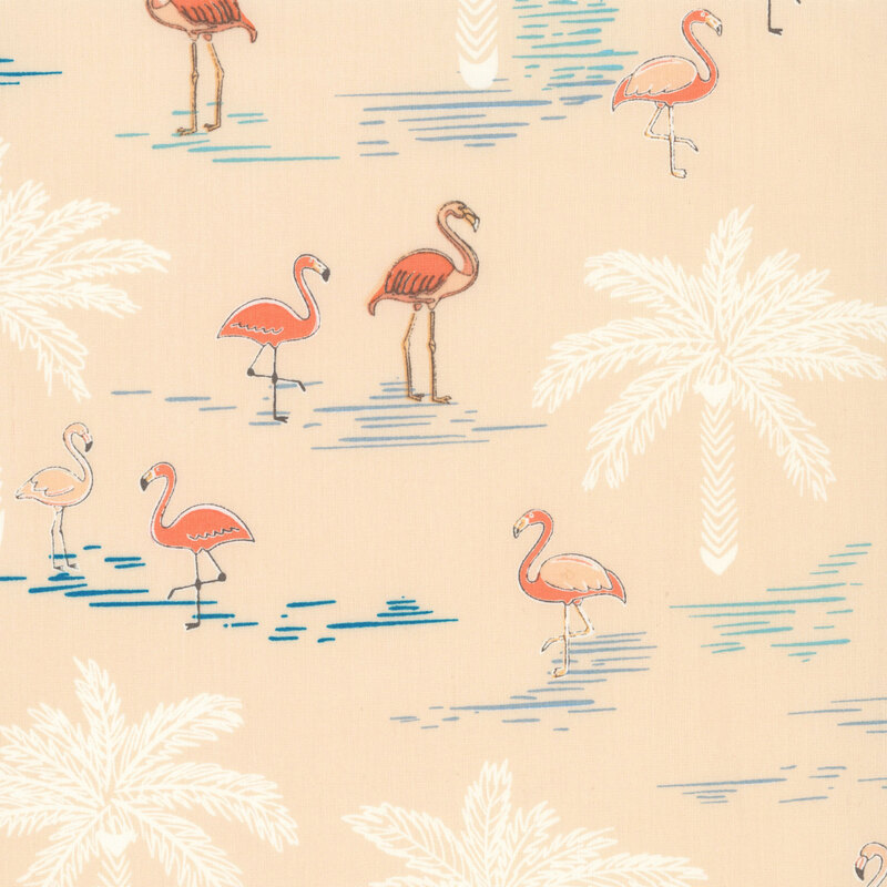 Pastel peach fabric featuring a print of white palm trees, blue water accents, and flamingos.