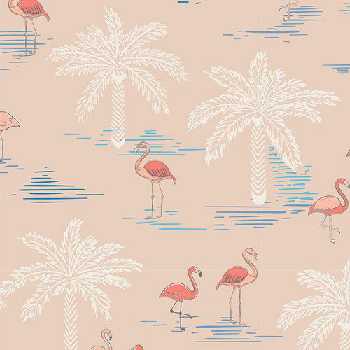 Blush pink fabric featuring a print of white palm trees, blue water accents, and flamingos.