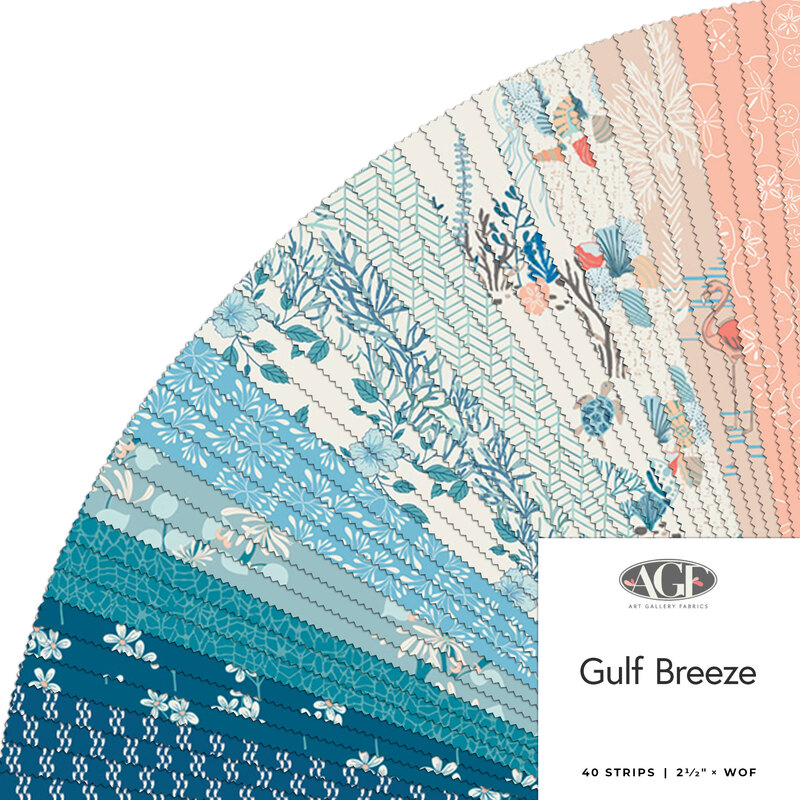 A fanned collage of the Gulf Breeze collection featuring shells, florals, and marine life in shades of peach, aqua, and blue.