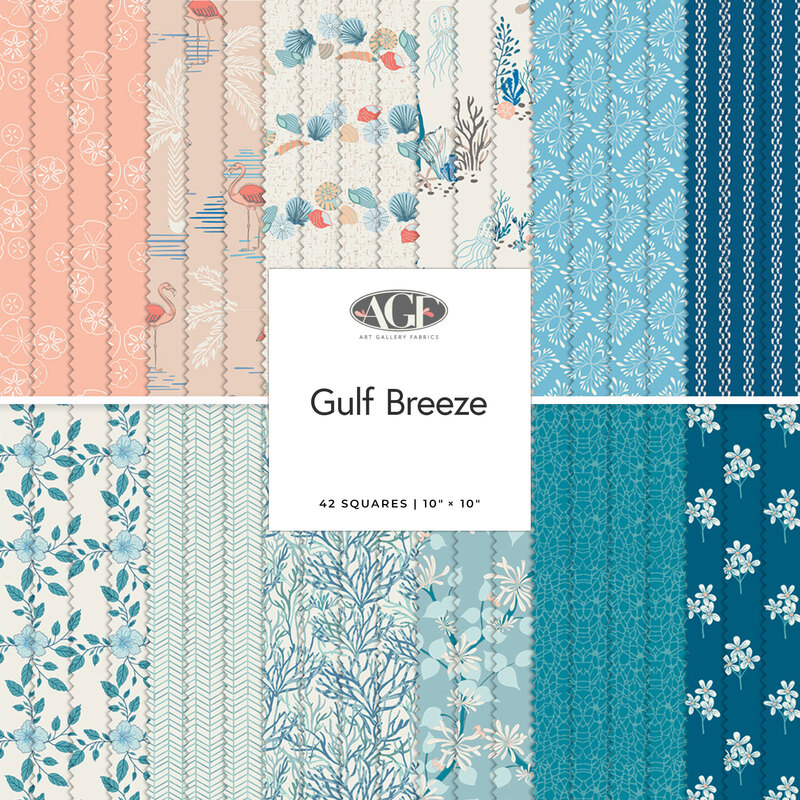 A square collage of the Gulf Breeze collection featuring shells, florals, and marine life in shades of peach, aqua, and blue.