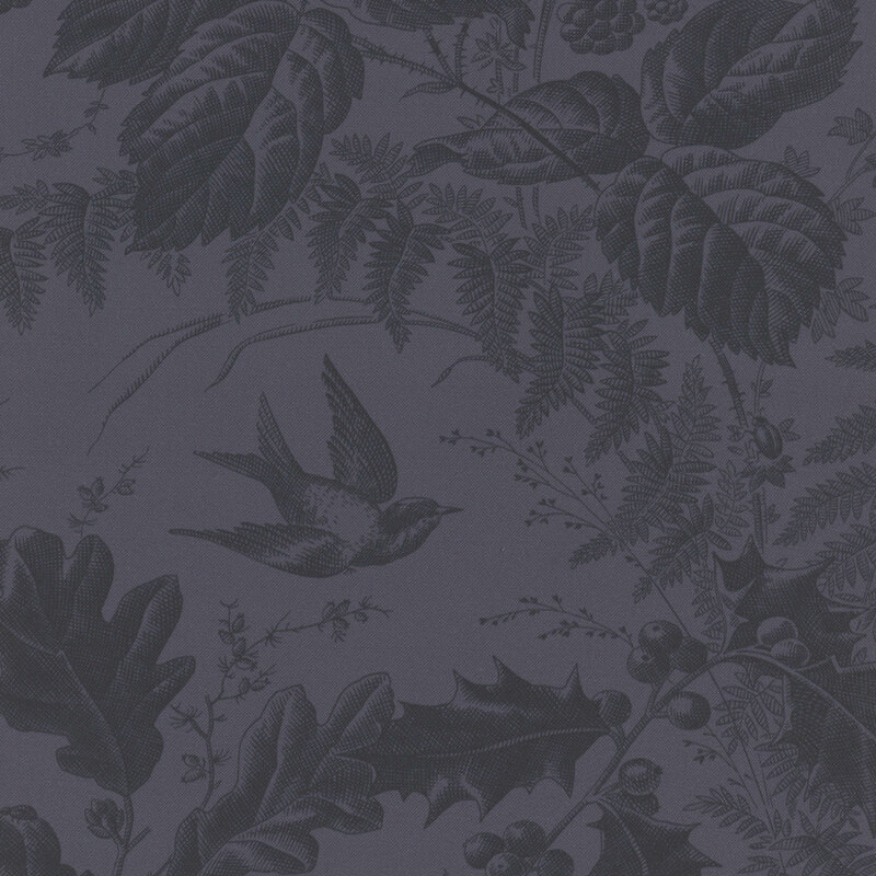 Black fabric featuring tonal leafs and birds.