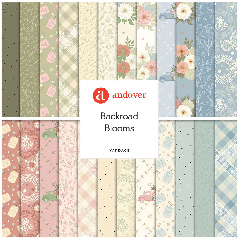 A square collage featuring the mix of fabrics in the Backroad Blooms collection in hues of green, blue, pink, and cream.