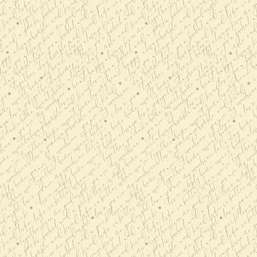 Repeating olive script print on a beige background.