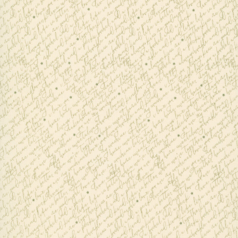 Repeating olive script print on a beige background.