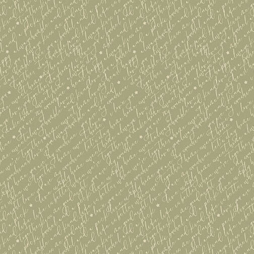 Repeating cream script print on a khaki background.