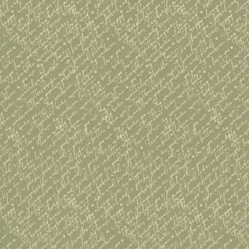 Repeating cream script print on a sage background.