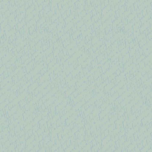 Repeating blue script print on a pale aqua background.