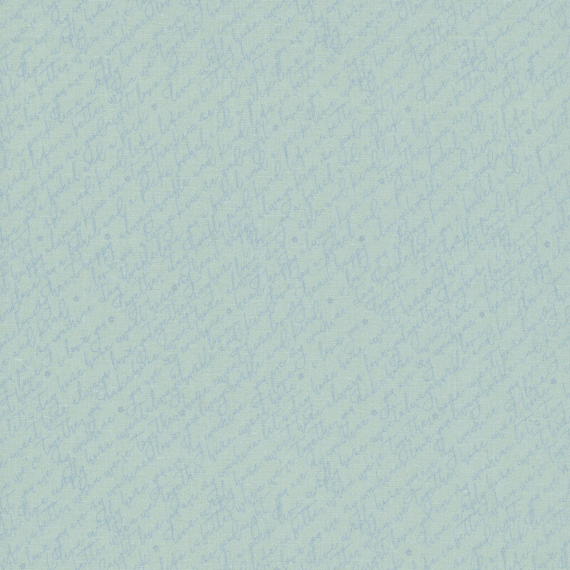 Repeating blue script print on a pale aqua background.