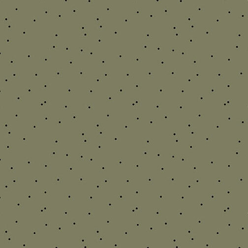 Dark green fabric featuring a scattered black polka dot print.