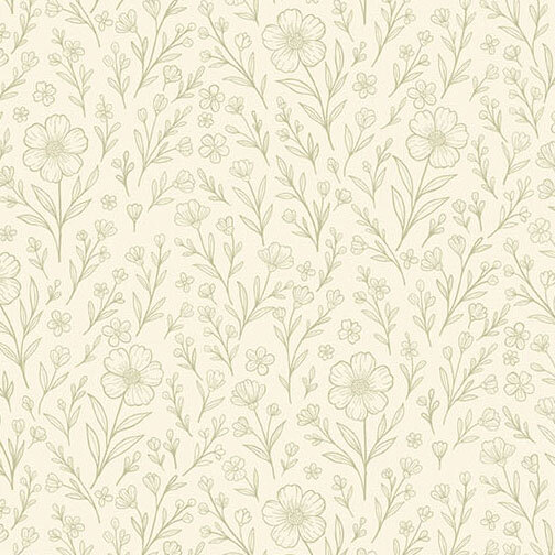 Sketched sage wildflowers and leafy steams on a soft beige background.
