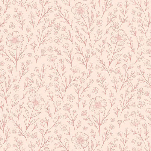 Sketched rose pink wildflowers and leafy steams on a pastel pink background.