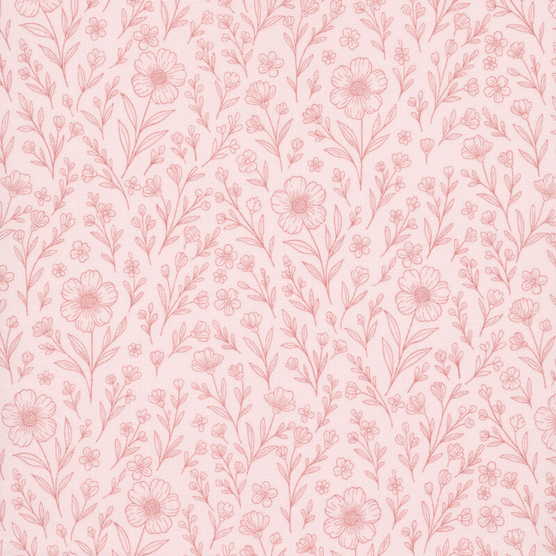 Sketched rose pink wildflowers and leafy steams on a pastel pink background.