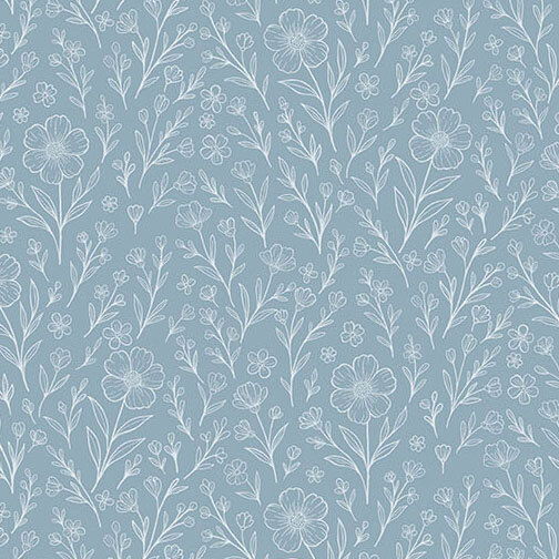 Sketched white wildflowers and leafy steams on a blue gray background.