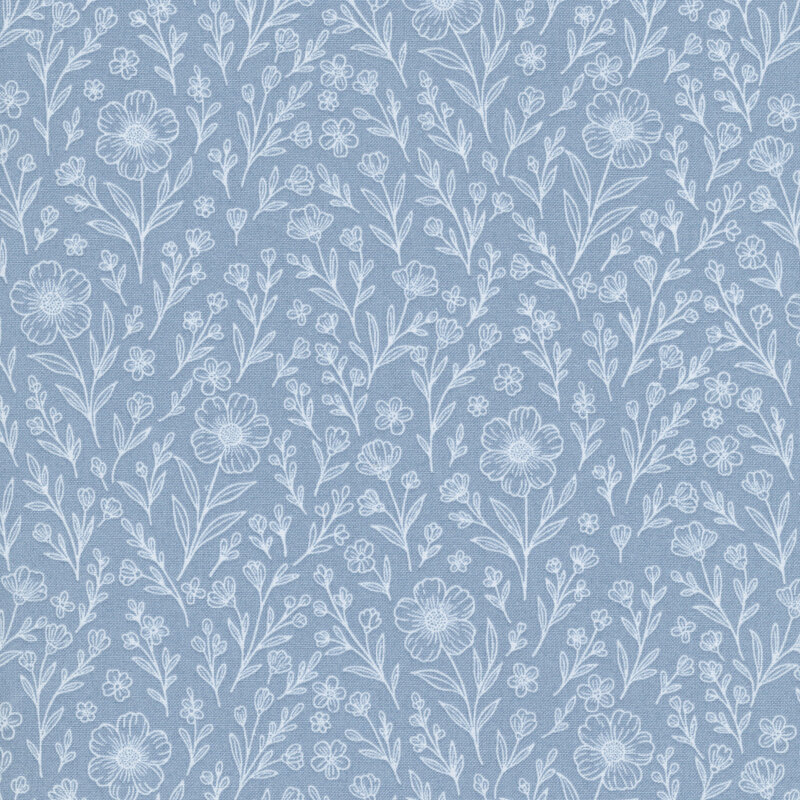 Sketched white wildflowers and leafy steams on a blue gray background.