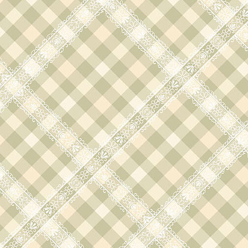 Cream and sage gingham plaid fabric featuring a white lace detailing.