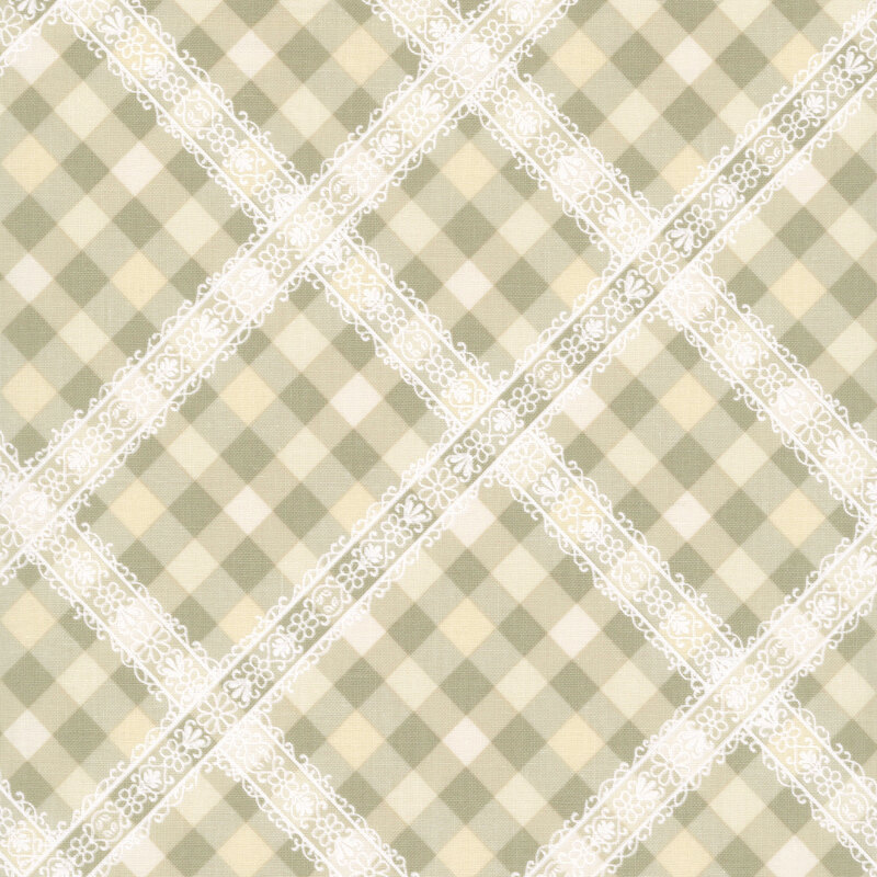 Cream and sage gingham plaid fabric featuring a white lace detailing.