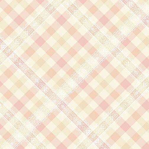 Cream and pink gingham plaid fabric featuring a white lace detailing.