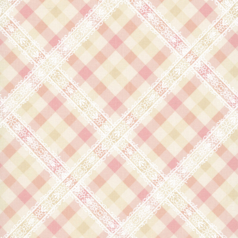 Cream and pink gingham plaid fabric featuring a white lace detailing.