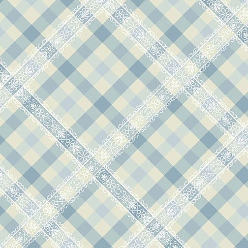 Ivory and blue gingham plaid fabric featuring a white lace detailing.