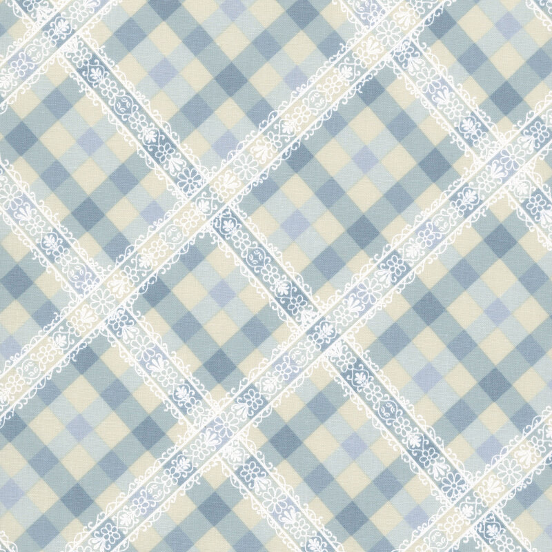 Ivory and blue gingham plaid fabric featuring a white lace detailing.