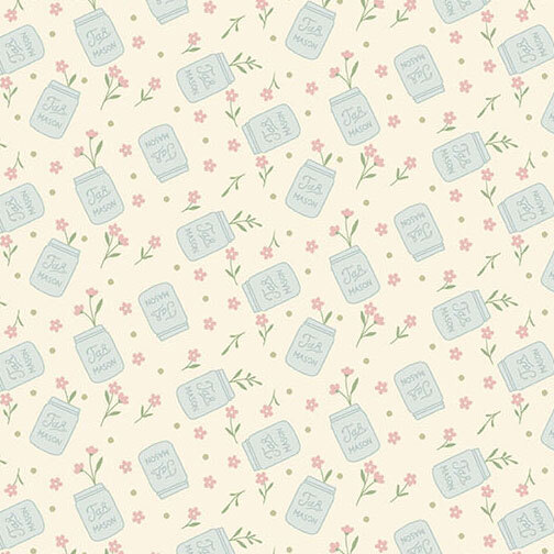 Soft cream fabric featuring a scattered pattern of pale blue mason jars and pink floral sprigs.