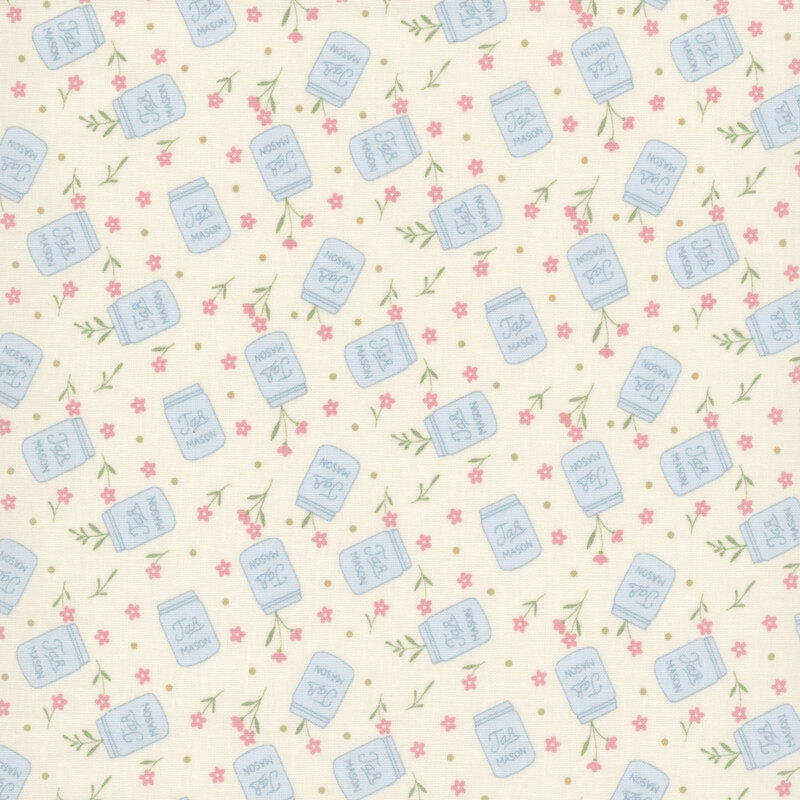 Soft cream fabric featuring a scattered pattern of pale blue mason jars and pink floral sprigs.