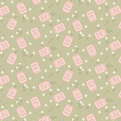 Sage green fabric featuring a scattered pattern of pink mason jars and white floral sprigs.