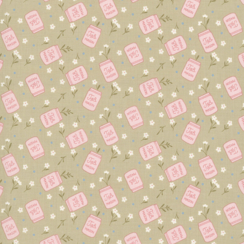 Sage green fabric featuring a scattered pattern of pink mason jars and white floral sprigs.