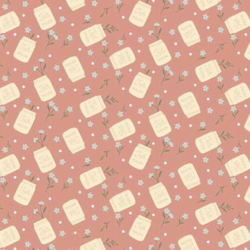 Rose pink fabric featuring a scattered pattern of cream mason jars and blue floral sprigs.