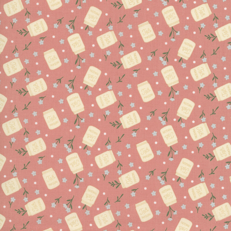 Soft pink fabric featuring a scattered pattern of pale cream mason jars and blue floral sprigs.
