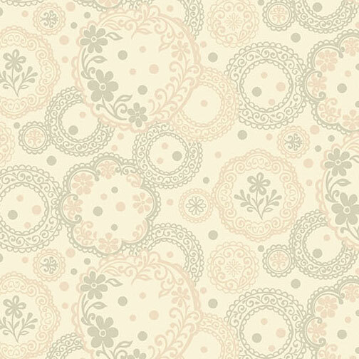 Ornate pattern of gray and pink circular medallions filled with lace-like details, florals, and dotted accents on a beige background.