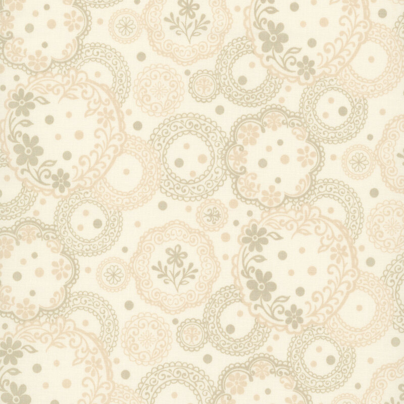 Ornate pattern of gray and pink circular medallions filled with lace-like details, florals, and dotted accents on a beige background.
