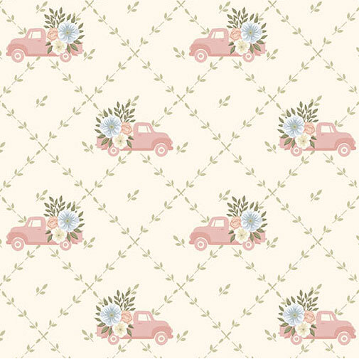 A soft cream fabric with a green floral lattice pattern featuring pink vintage trucks with floral bouquets in the back.