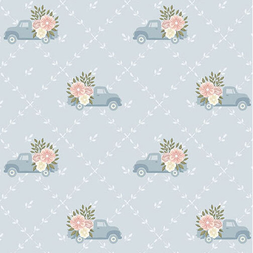 A pale blue fabric with a white floral lattice pattern featuring blue vintage trucks with floral bouquets in the back.