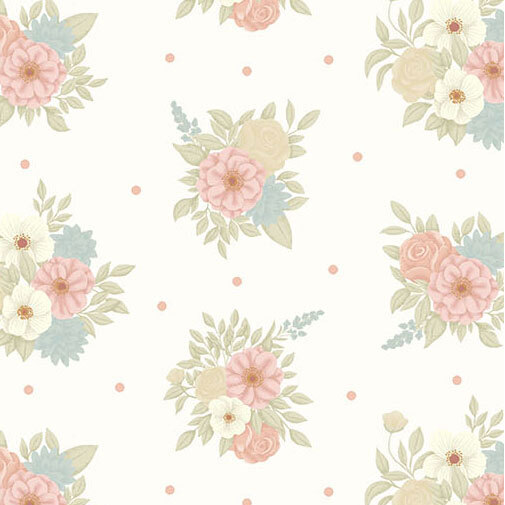 A soft ivory fabric patterned with delicate pastel floral bouquets and scattered light pink dots.
