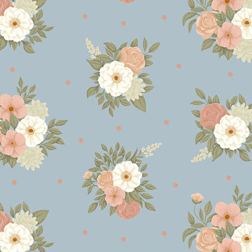 A gray blue fabric patterned with delicate pastel floral bouquets and scattered light pink dots.