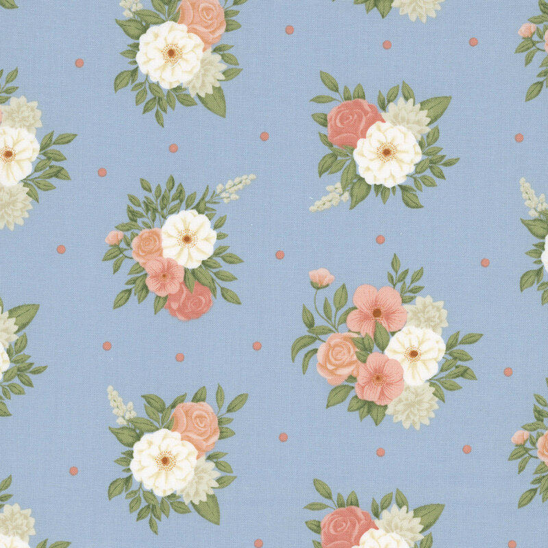 A gray blue fabric patterned with delicate pastel floral bouquets and scattered light pink dots.