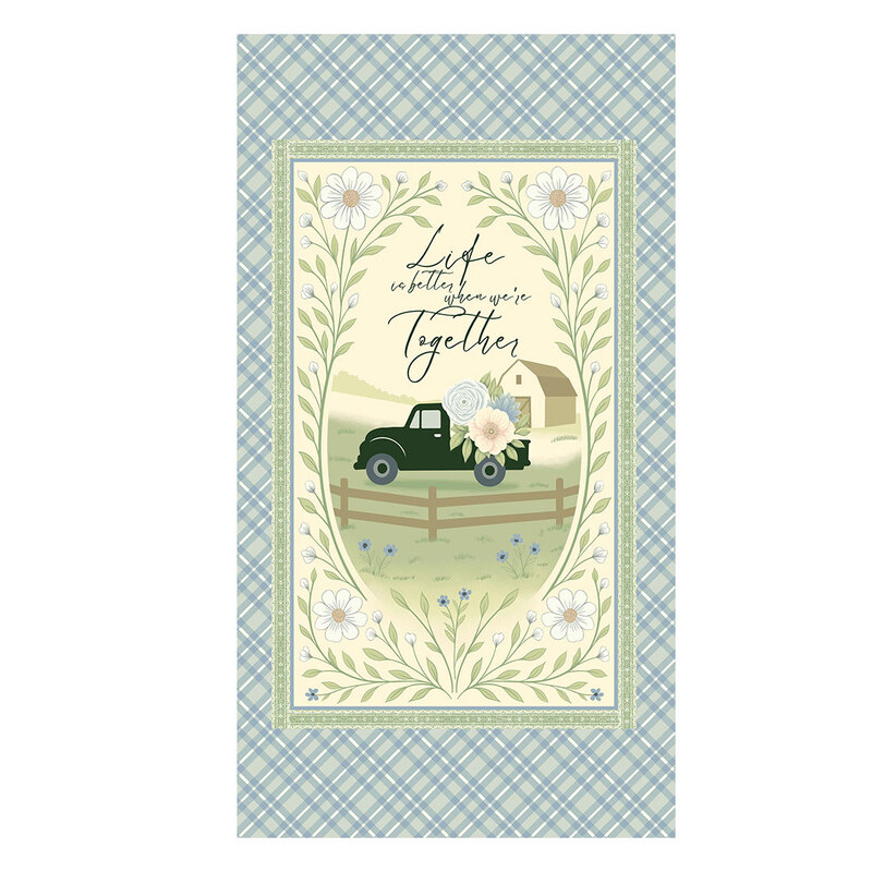 Full panel image featuring a farm truck scene with florals and text, framed by a green lace border on a blue plaid background.