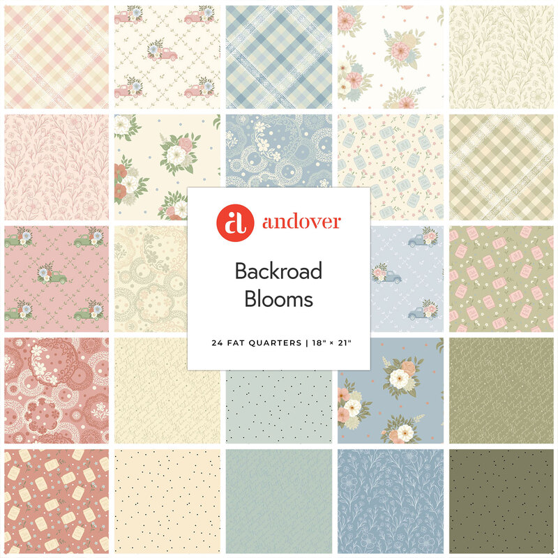 A square grid featuring the fat quarter fabrics in the Backroad Blooms collection in hues of green, blue, pink, and cream.