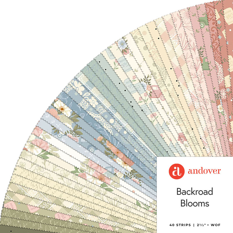 A fanned collage of fabrics in the Backroad Blooms collection in hues of green, blue, pink, and cream.