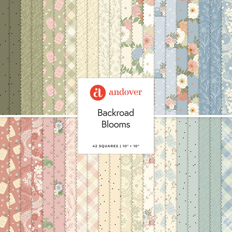 A square collage featuring the strips of fabrics in the Backroad Blooms collection in hues of green, blue, pink, and cream.