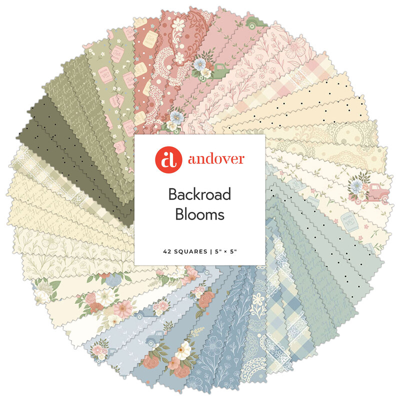 A circular collage featuring the fabrics in the Backroad Blooms collection in hues of green, blue, pink, and cream.