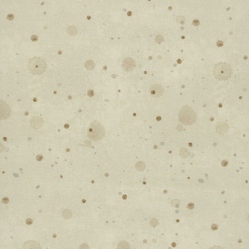 Textured, mottled greige fabric with tonal gray-brown paint droplets