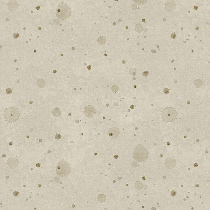 Textured, mottled greige fabric with tonal gray-brown paint droplets